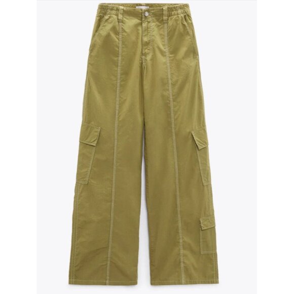 ZARA Wide Leg Baggy Fit Olive Green Y2k 90s Style Pants 100% Cotton Womens XL - Picture 1 of 11